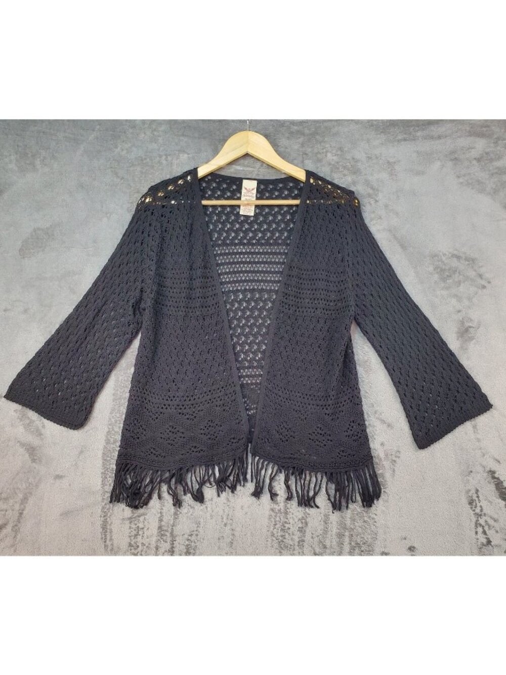 Girls Black Cardigan Sweater Size XL (14/16) Knit Open Front Fringe Boho Fairy